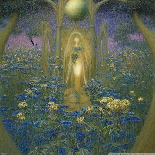 Image similar to a portal in a mysterious garden filled with spherical plants, artwork by jean delville, trending on art station