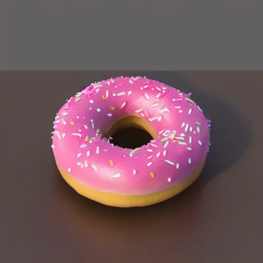 Prompt: 3 d render of realistic pink frosted donut with sprinkles