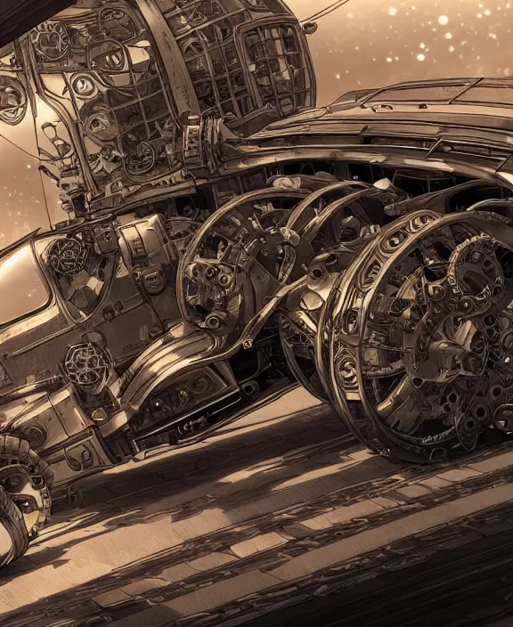 Image similar to a detailed manga style illustration of a steampunk supercar, by moebius and stephan martiniere, 4 k resolution, detailed, unreal engine, octane render, trending on artstation