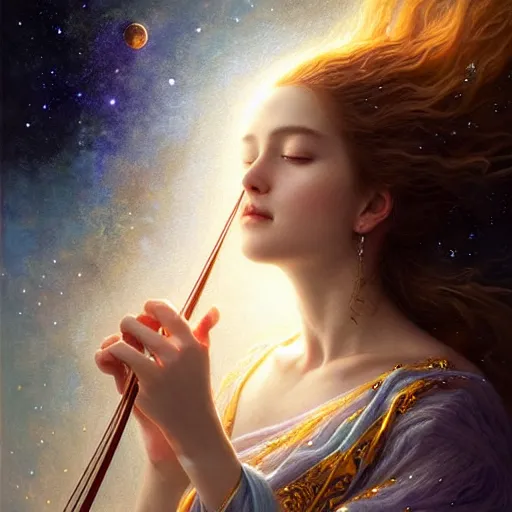 Image similar to a high quality life like portrait of a very very beautiful! celestial goddess of life playing a mystical violin and springing life into the universe, highly detailed, intricate, sharp focus, fantasy, mystical, dreamlike, by WLOP and greg rutkowski