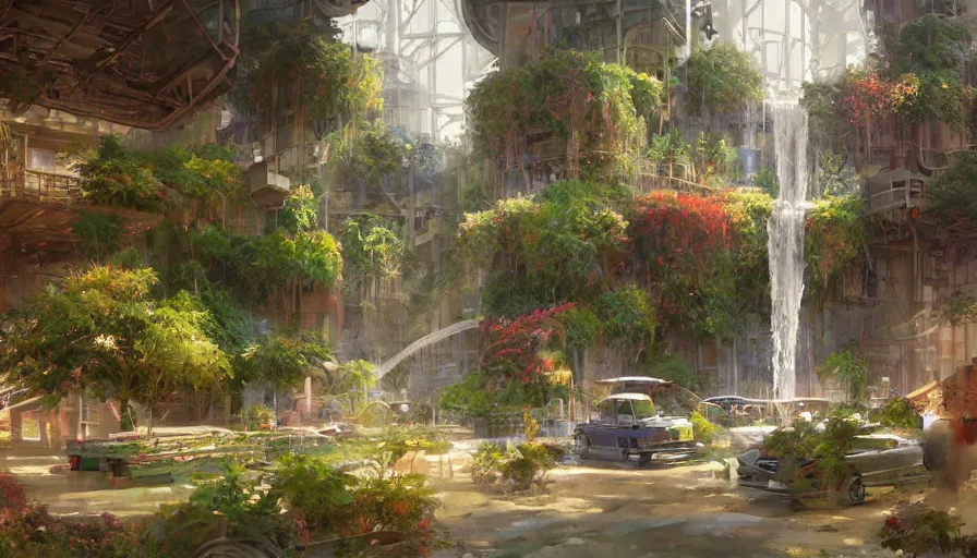 Image similar to craig mullins and ghibli digital illustration tall vertical farms, hydroponics, colorful, unreal engine, hyper realism, realistic shading, cinematic composition, realistic render, octane render, detailed textures, photorealistic, wide shot