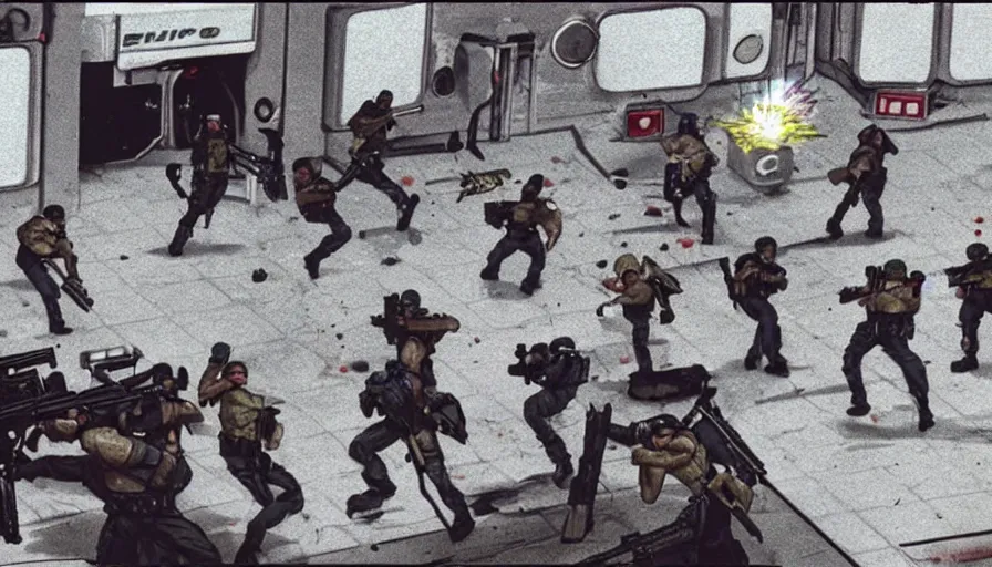 Image similar to 1988 Video Game Screenshot, Anime Neo-tokyo Cyborg bank robbers vs police, Set inside of the Bank, Open Vault, Multiplayer set-piece, Tactical Squads :9, Police officers under heavy fire, Police Calling for back up, Bullet Holes and Realistic Blood Splatter, :6 Gas Grenades, Riot Shields, Large Caliber Sniper Fire, Chaos, Metal Gear Solid Anime Cyberpunk, Akira Anime Cyberpunk, Anime Bullet VFX, Anime Machine Gun Fire, Violent Action, Sakuga Gunplay, Shootout, :7 Inspired by Escape From Tarkov + Intruder + The Specialist + Akira :12 by Katsuhiro Otomo: 19, 🕹️ 😎 🔫 🤖 🚬 🦾