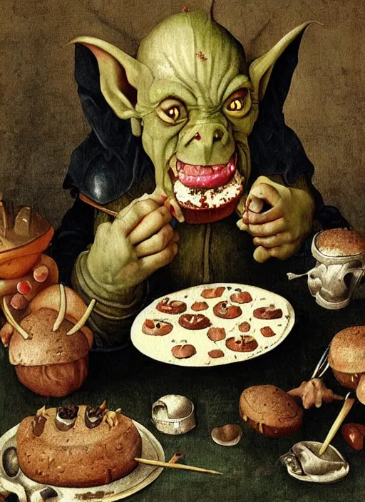 Image similar to medieval goblin eating cakes painted by hieronymus bosch, detailed digital art, trending on Artstation