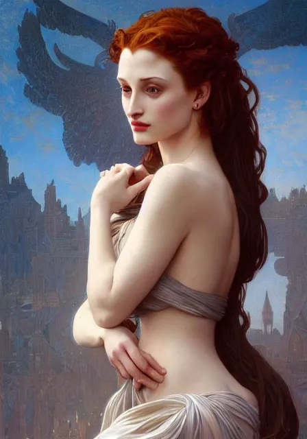 Image similar to sansa angeline jolie gessica chastain, intricate, elegant, highly detailed, digital painting, artstation, concept art, smooth, sharp focus, illustration, art by artgerm and greg rutkowski and alphonse mucha and william - adolphe bouguereau