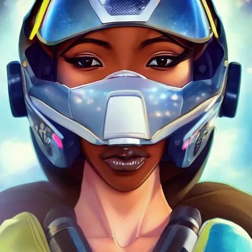 Image similar to portrait cartoon manga anime render of a strikingly gorgeous nigerian 👩🏿, wearing an intricate gundam pilot helmet, rossdraws, artgerm, norman rockwell, emiliano ponzi, epic composition, hd, octane, unreal engine, volumetric lighting, light rays, masterpiece, award - winning