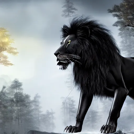 Prompt: photography of a black lion with gold lightnings in the fur in the middle of the ancient forest , concept art, huge scale, photorealistic, high details by Nick Nichols