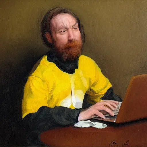 Prompt: tired man in a bumblebee costume drinks coffee in front of a laptop, highly detailed, masterpiece, alla prima, oil on canvas