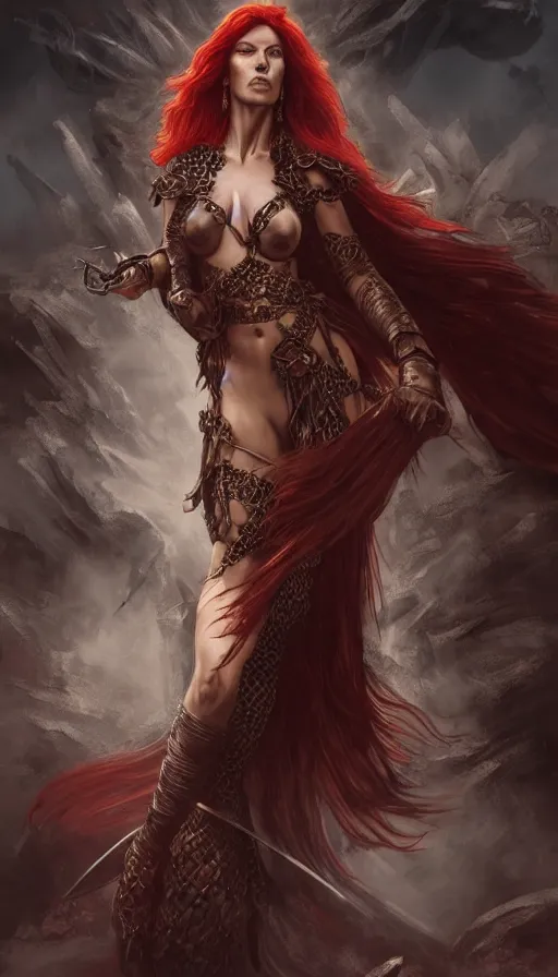 Image similar to portrait of elegant Red Sonja, dark and ethereal, expressive pose, flaxible, angry expression, chainmail, fantasy, intricate, dark desert background, dune high fashion, fantasy, intricate highly detailed, digital painting, artstation, concept art, smooth, sharp focus, illustration, art by artgerm and greg rutkowski and alphonse mucha