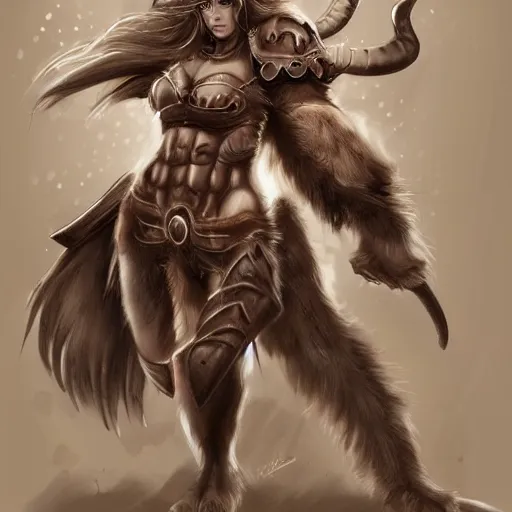 Prompt: cute drawing, female Minotaur warrior, brown fur with white spots, family friendly, armored, concept art