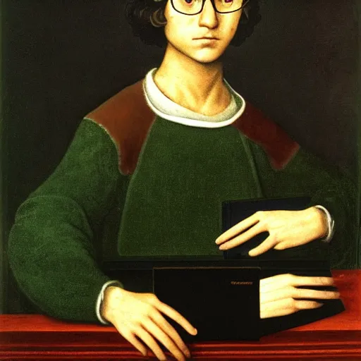 Prompt: portrait of a shaggy black haired teenager with glasses, a dark green sweater and a black laptop computer, Renaissance painting