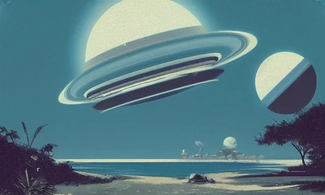 Prompt: A faded 1960s retro-futuristic postcard from a beach resort on Saturn\'s moon Hyperion, digital painting, by greg rutkowski, trending on artstation