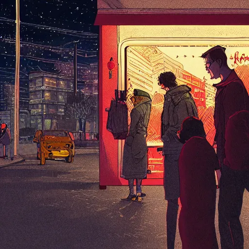 Image similar to handmade illustration of people waiting at bus stop in dark city night, line art, ink, watercolor by Kilian Eng and by Jake Parker, winning-award masterpiece, fantastic, octane render, 8K HD Resolution, High quality image