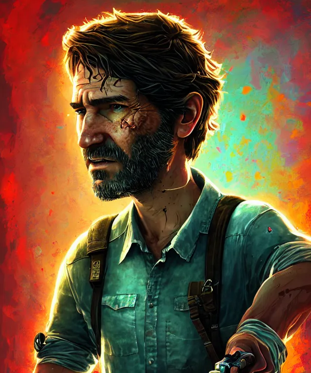 Prompt: delirium portrait of joel miller from the last of us, by petros afshar, ross tran, peter mohrbacher, tom whalen, shattered glass, bubbly scenery, radiant light