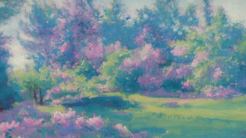 Image similar to loose painting of a beautiful peaceful whimsical landscape, overexposed, blue pink pastel colors, influenced by art nouveau, by john duval and sargent