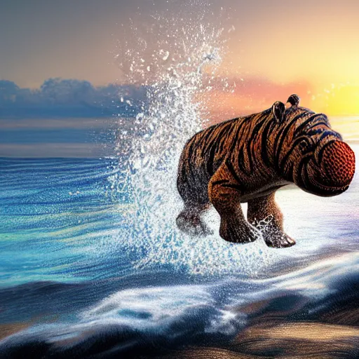 Image similar to a closeup photorealistic photograph of a cute smiling knitted tiger hippopotamus chasing a beachball at sunset. surf in the background. professional capture. this 4 k hd image is trending on artstation, featured on behance, well - rendered, extra crisp, features intricate detail, epic composition and the style of unreal engine.