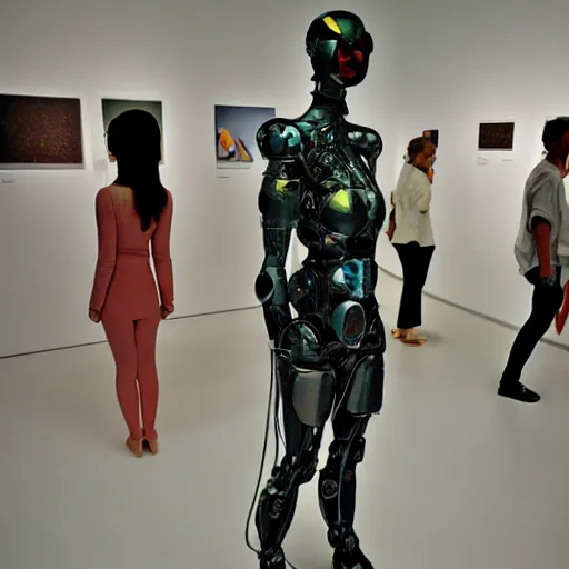 Prompt: a cyborg human in an art exhibition, concept art by Erwin wurm