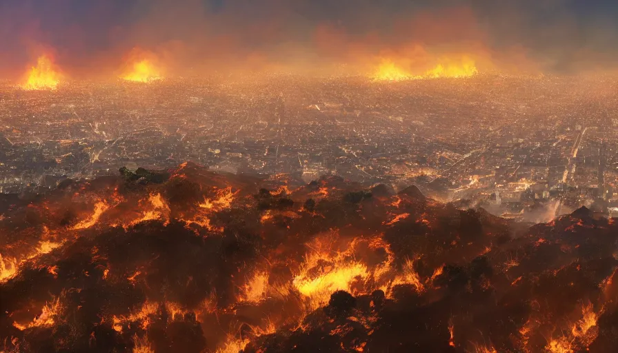 Image similar to wide view from a hill of los angeles on fire with smoke columns, hyperdetailed, artstation, cgsociety, 8 k