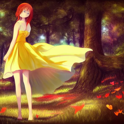 Prompt: a girl, white sundress, red hair, yellow butterflies, forest background, high heels, anime art, smooth, hd, pixiv, artstation
