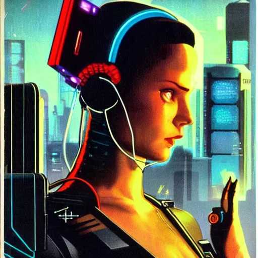 Image similar to cable plugged into cyberdeck, back of head, cyberpunk woman, computer, 1 9 7 9 omni magazine cover, style by vincent di fate, cyberpunk 2 0 2 0