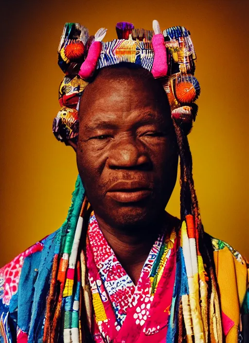 Prompt: analogue photo of an african chief wearing a colourful Japanese Kimono, african facial features, full body shot, rembrandt lighting, magazine collage, 35mm, f/1.4,