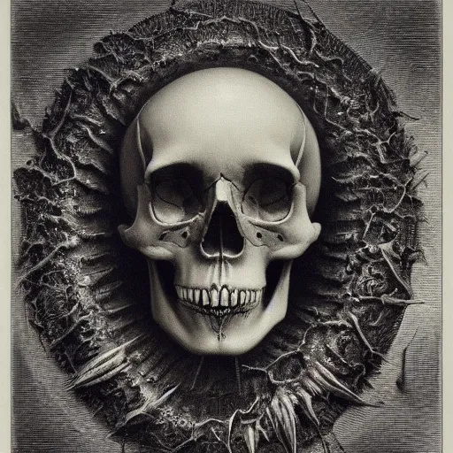 Prompt: a skull with incredibly long sharp teeth, detailed, cgi, dark atmosphere, horror, by gustave dore, by emil melmoth, trippy, epic, symmetrical - h 8 3 3