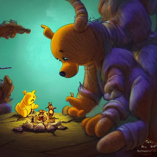 Prompt: Winnie the Pooh summoning demons with the necronomicon, cosmic horror, highly detailed, digital painting, artstation, concept art, sharp focus, illustration,