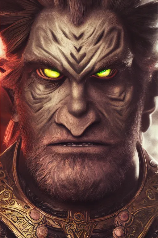 Image similar to Ganondorf from Zelda oil on canvas, intricate, portrait, 8k highly professionally detailed, HDR, CGsociety