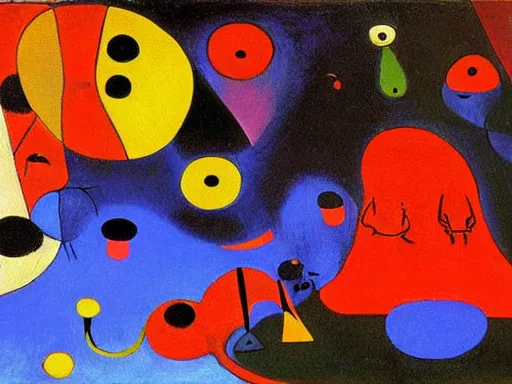 Image similar to oil painting of strange beings in a temple, Joan Miro