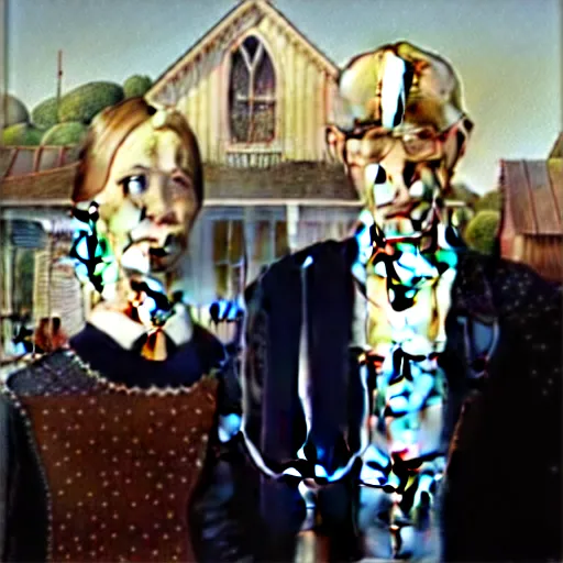 Image similar to American Gothic but with Astronauts, by Grant Wood