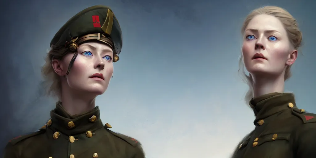 Image similar to a beautiful nordic woman, blue eyes, wearing a world war 1 uniform, extremely detailed digital painting, in the style of fenghua zhong and ruan jia and jeremy lipking and peter mohrbacher, mystical colors, rim light, beautiful lighting, 8 k, stunning scene, raytracing, octane, trending on artstation