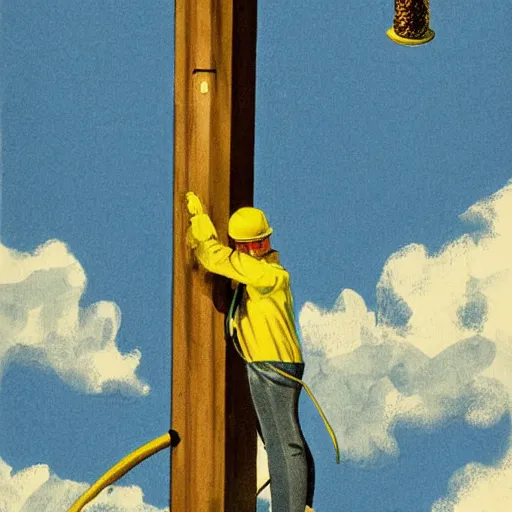 Prompt: A lineman working on a utility pole. a wasp nest, bee hive attached to the pole. painting, commercial illustration, 1960s,