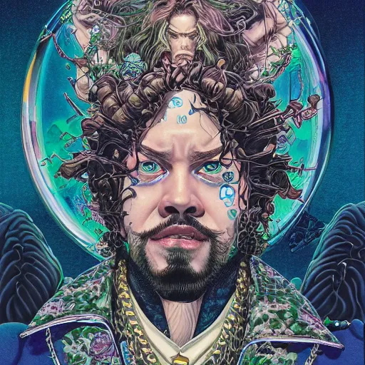 Image similar to portrait of crazy post malone, symmetrical, by yoichi hatakenaka, masamune shirow, josan gonzales and dan mumford, ayami kojima, takato yamamoto, barclay shaw, karol bak, yukito kishiro, areuz