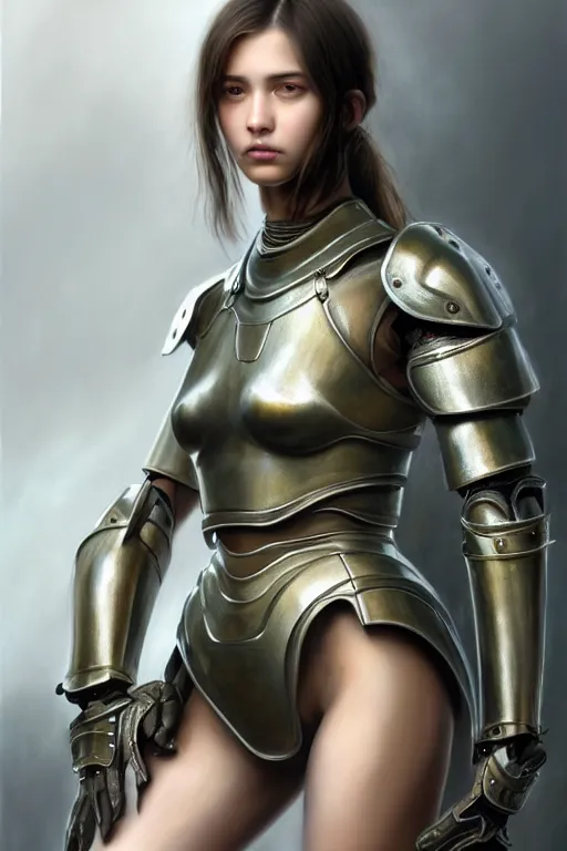 Image similar to a photorealistically painted portrait of an attractive young girl, partially clothed in dull metal-plated battle armor, olive skin, long dark hair, beautiful bone structure, symmetric facial features, perfect eyes, natural physique, intricate, elegant, digital painting, concept art, finely detailed, beautiful illustration, sharp focus, minimal artifacts, from Metal Gear, by Ruan Jia and Mandy Jurgens and Artgerm and William-Adolphe Bouguerea, in the style of Greg Rutkowski, trending on Artstation, award winning