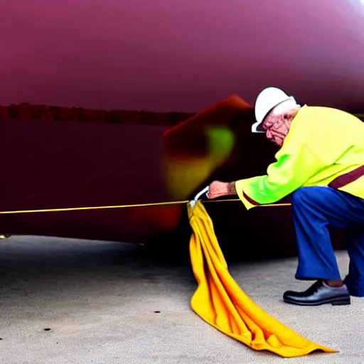 Image similar to wrinkled hunchbacked old man in musty burgundy suit, polishing painting the side of a huge gold plated mega yacht with a cloth, maintenance photo