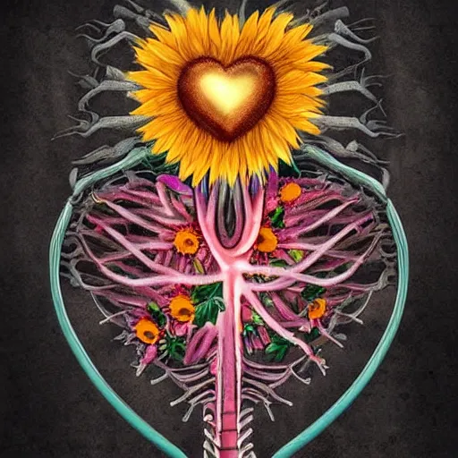 Prompt: a beautiful matte digital illustration by Larisa Novik of an anatomically correct heart bursting out of an anatomically correct skeletal rib-cage and exploding into rainbows and sunflowers, trending on artstation hq