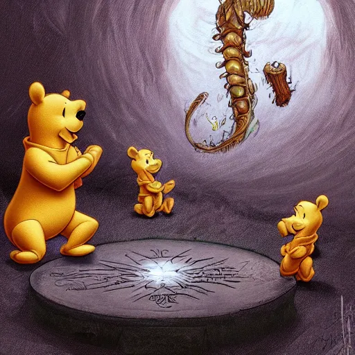 Prompt: Winnie the Pooh summoning demons with the necronomicon, cosmic horror, highly detailed, digital painting, artstation, concept art, sharp focus, illustration,