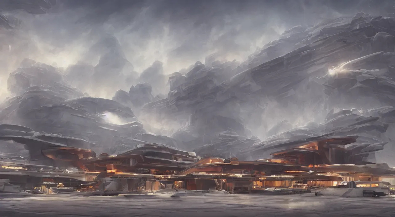 Image similar to a matte painting of Arctic station by Frank Lloyd Wright and Zaha Hadid torch volume light stylized illustration digital airbrush painting, 3d rim light, hyperrealistic masterpiece, artstation, cgsociety, kodakchrome, golden ratio