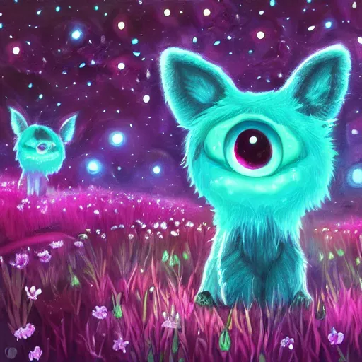 Prompt: cute fluffy aliens with big eyes and big ears in field of weird luminescent plants detailed painting 4k