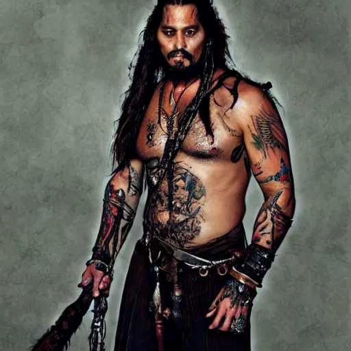 Image similar to portrait of johnny depp as khal drogo from games of thrones, mascular, broad shoulder, long beard with locks, very long straight hair, tattooed body, six packs, symmetrical, nikon 3 5 mm photography, ultrarealistic