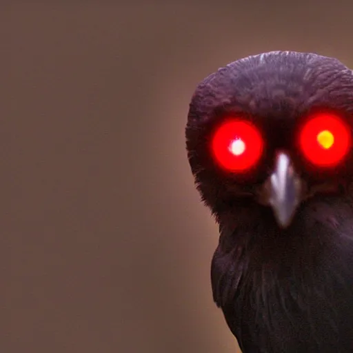 Image similar to ominous dark perched crow with glowing red lens eye (detailed realistic photograph) (gritty atmosphere)