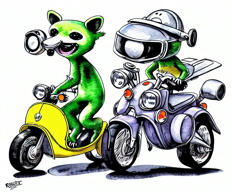 Image similar to cute and funny, racoon wearing a helmet riding in a tiny moped scooter with oversized engine, ratfink style by ed roth, centered award winning watercolor pen illustration, isometric illustration by chihiro iwasaki, edited by range murata