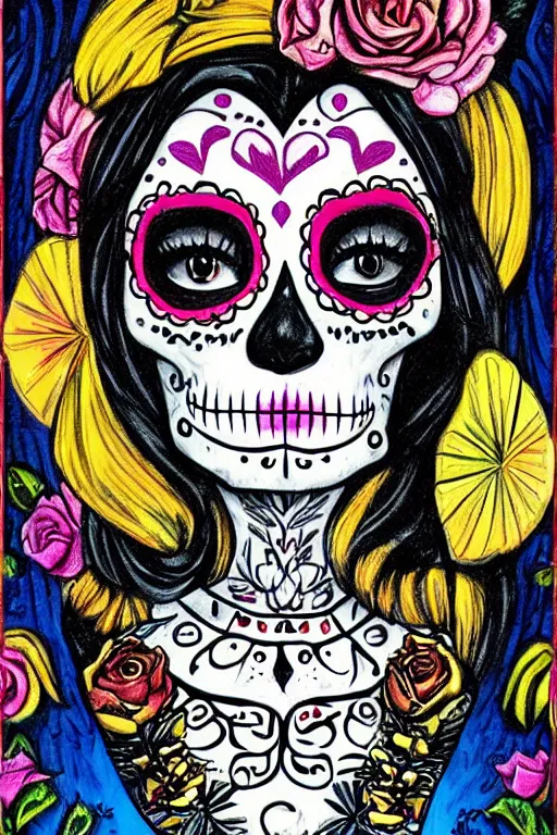 Image similar to illustration of a sugar skull day of the dead girl, art by guy aitchison