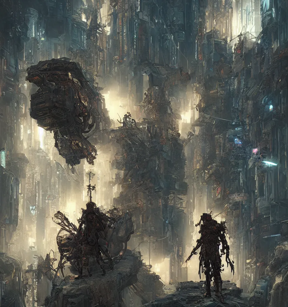 Image similar to cyberpunk gladiator, cinematic, highly detailed, octane render, cg, rich cinematic atmosphere, perfect digital art, mystical journey in strange world, Mystical, cyberpunk, tech war, sci-fi, surreal, glowing lights, sharp focus, high detailed, by Akihiko Yoshida, michael whelan and Karol Bak