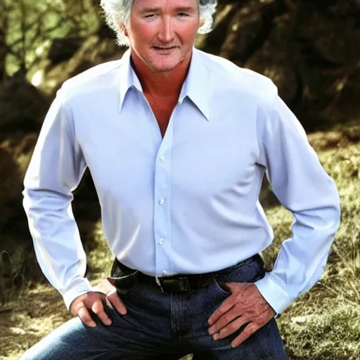 Image similar to patrick duffy with very long length straight grey hair wearing a white shirt