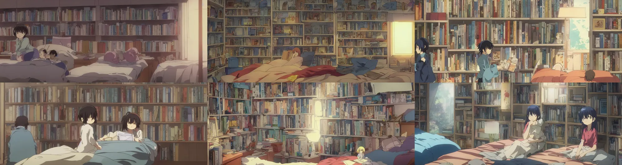 Prompt: A screenshot from the anime film by makoto shinkai in a character's bedroom, the front view of a small bookshelf with many well-read mangas, little toys, pencils and books