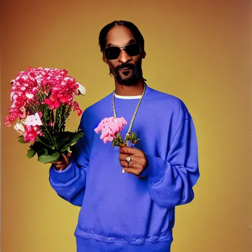 Prompt: Snoop Dogg holding a Vase of flowers for a 1990s sitcom tv show, Studio Photograph, portrait, C 9.0