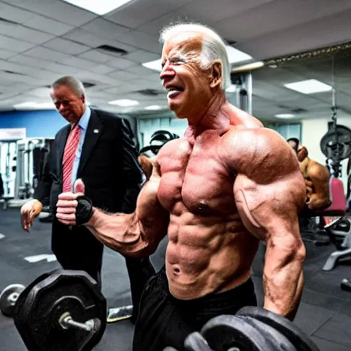 Image similar to joe biden being a bodybuilder doing weights, in the gym