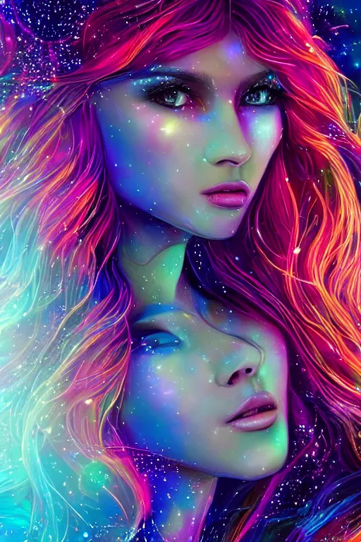 Prompt: a super realistic beautiful young womans face, magical, space stars and planets in her hair, windblown, intricate, synth-wave, retrowave, colorful, highly-detailed, elegant, dramatic lighting, gorgeous face, lifelike, photorealistic face, long luxurious intricate gown, digital painting, artstation, illustration, concept art, smooth, sharp focus, art by Jude Palencar, John Collier, artgerm, and Albert Aublet and Krenz Cushart and Artem Demura and Alphonse Mucha