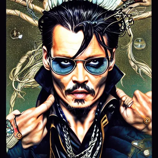 Image similar to portrait of crazyjohnny depp, symmetrical, by yoichi hatakenaka, masamune shirow, josan gonzales and dan mumford, ayami kojima, takato yamamoto, barclay shaw, karol bak, yukito kishiro