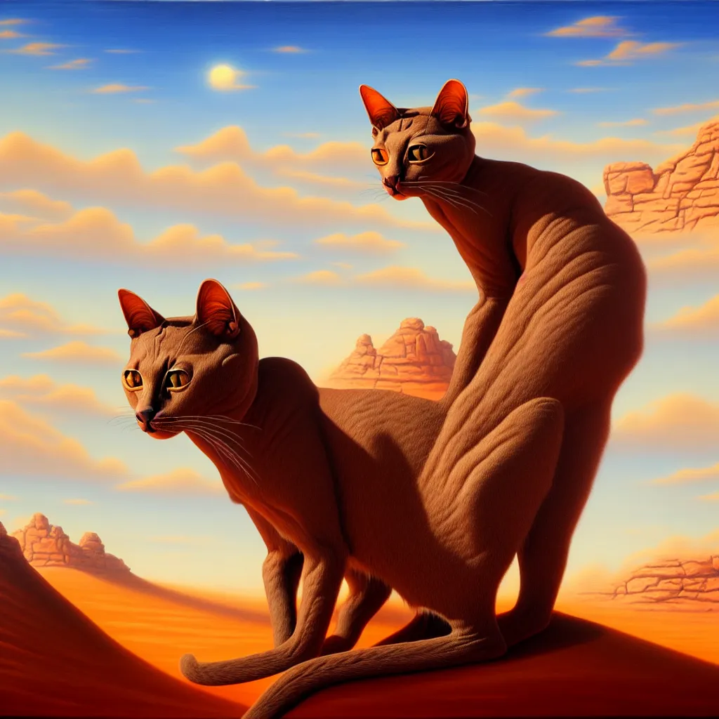 Prompt: anthromorphic cat, desert, oil on canvas, artstation, a detailed matte painting, fantasy